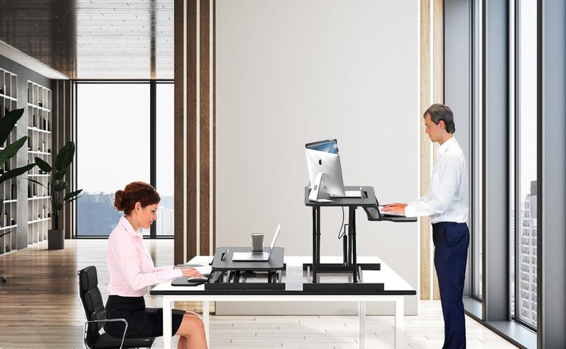 WGCTEK Ergonomic Home Office Standing Desk Converter 32 Inches Adjustable Height with Keyboard Tray Black Versatile Workstation for Enhanced Posture and Productivity