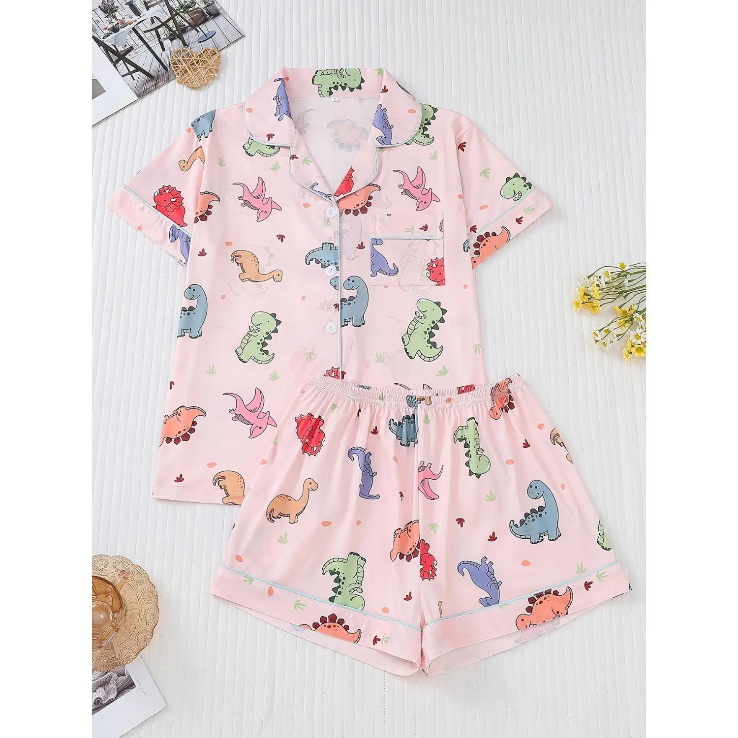 Effortless Care Women's Adorable Dinosaur Pajama Set - Cozy Short Sleeve Button-Up Top & Elastic Waist Shorts, Year-Round Loungewear