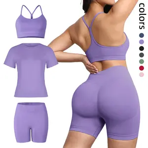 Womens 3 Piece Sports Set Seamless Running Tops Athletic Gym Yoga High Waist Short Breathable Y Back Sports Bras Comfort Fashion Outfit Summer