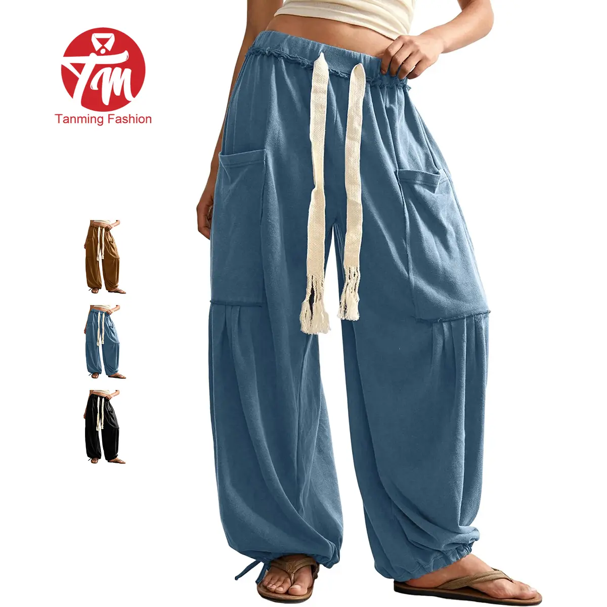 Tanming Women's Oversized Harem Pants, Basic Cotton Bohemian Style Lounge Bottoms with Pockets and Drawstring Waist, Casual Style Bottoms