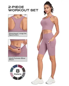 [Thick, Opaque Fabric] CRAZY YOGA Women's two-piece sportswear set, featuring a racerback design, high-support bra, and butt-lifting shorts with hidden pockets. Suitable for yoga, fitness training, running, and other sports.