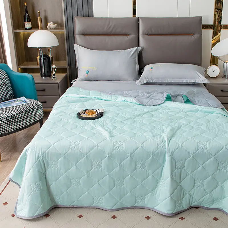 Cooling Summer Quilt, Lightweight Ice Silk Bed Blanket, Soft Breathable Mint Green Quilted Coverlet for Bedroom