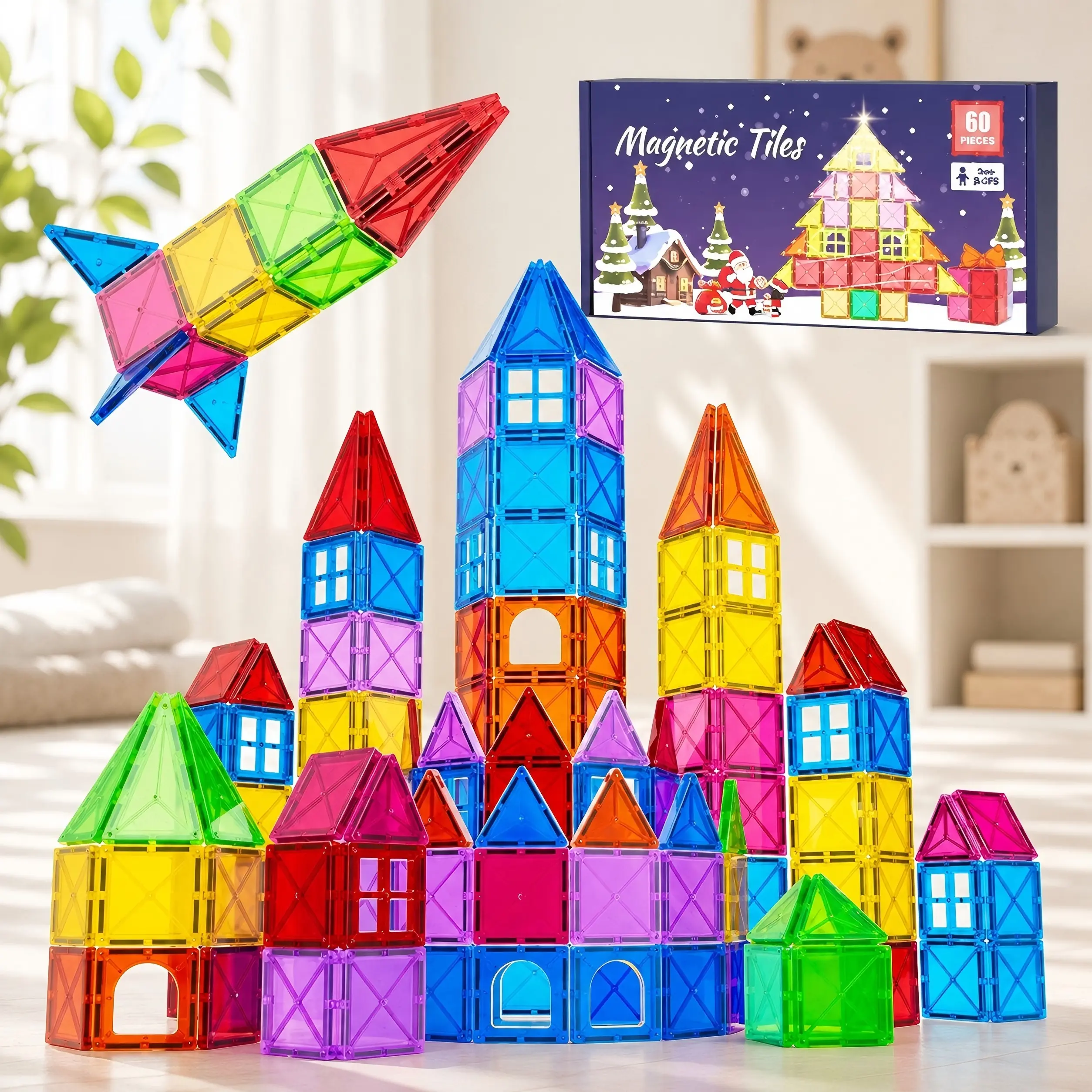 Mini Magnetic Tiles 60PCS for Kids Ages 3+, Travel Magnetic Building Blocks, STEM Learning Construction Toy, Toddler Educational Montessori Toys, Sensory Preschool Toys for Boys Girls, Birthday Christmas  novelty  super braintoy stress relief gift