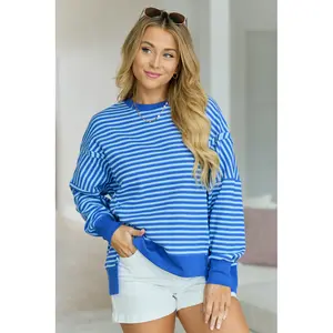 Kara Blue Stripe Waffle Pullover