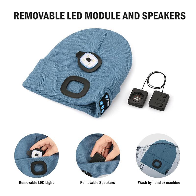 Three-in-one Functional Bluetooth Knitted Hat with 6 LED Lights USB Charging Removable LED Module & Speakers for Versatile Use