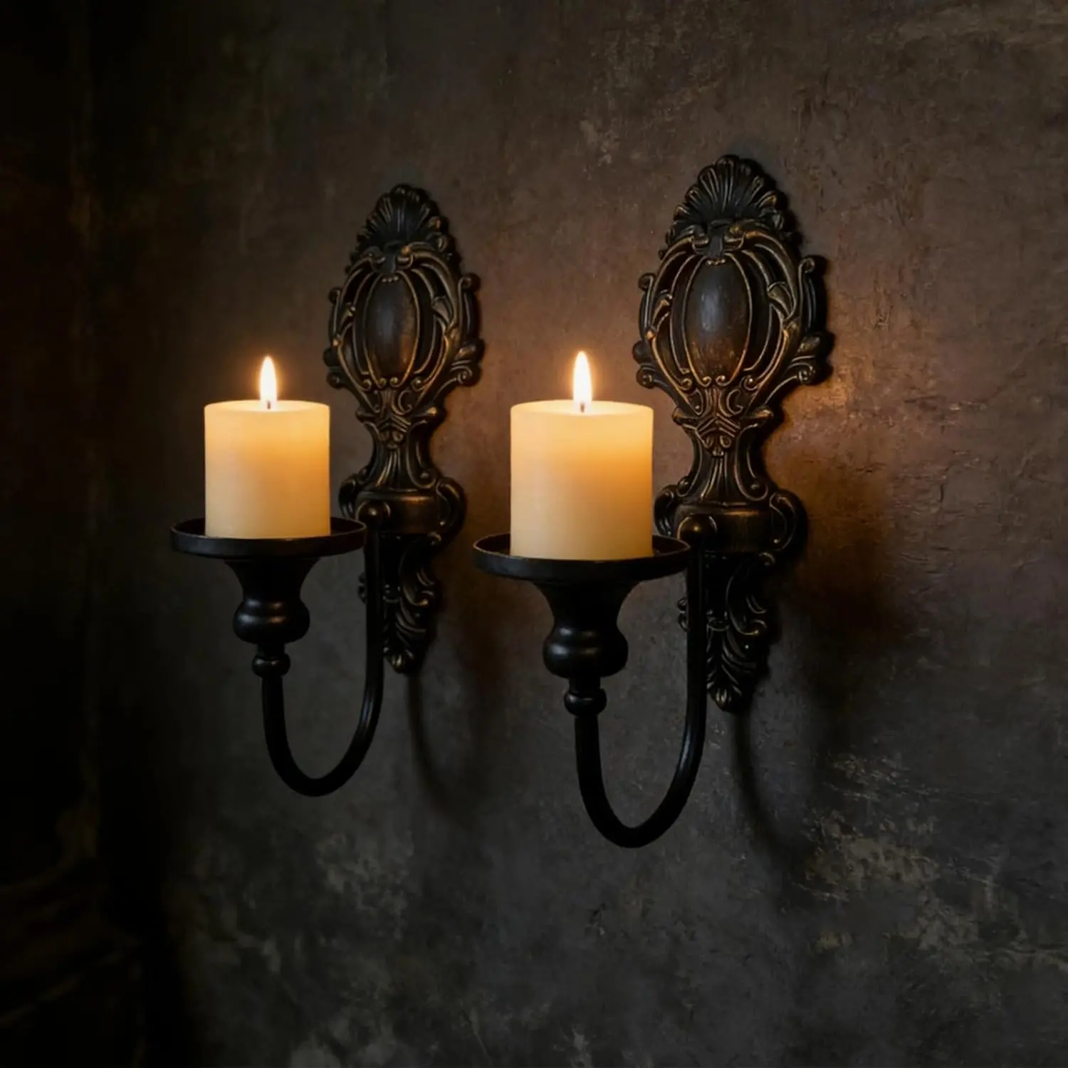 Gothic Vintage Black Wrought Iron Metal Candle Holder Wall Sconces Set of 2 - Medieval Victorian Wall Decor, Ideal for Wedding, Living Room & Bathroom Home Decor