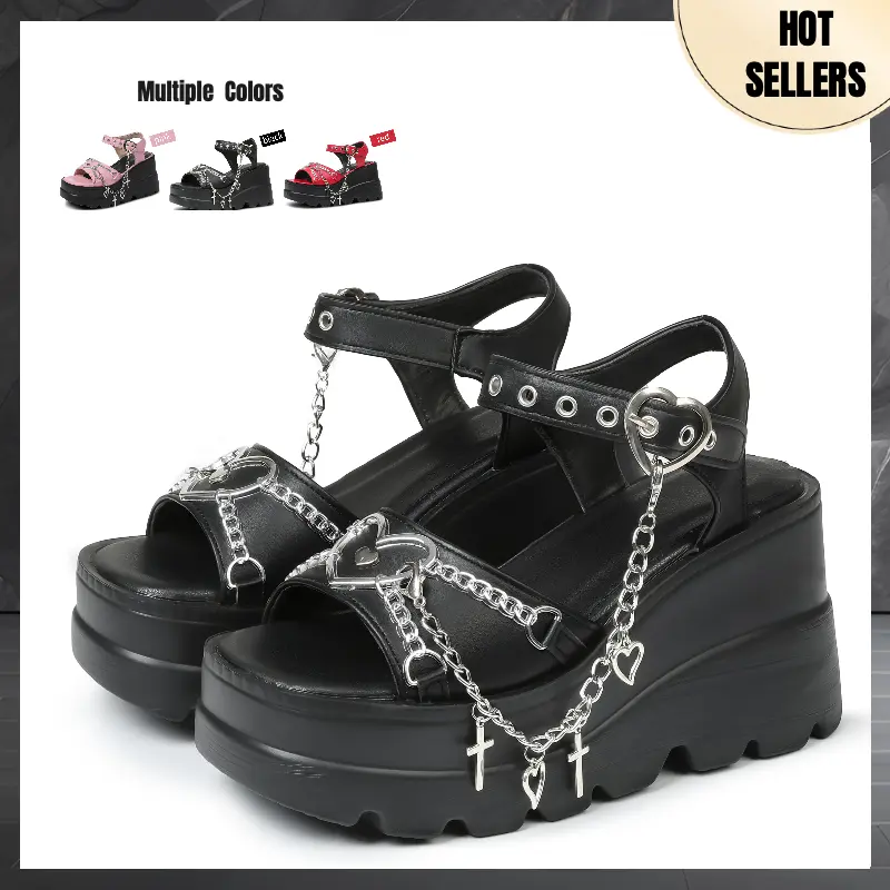 Women's Gothic Punk Vegan Leather Platform Heel Sandals - Sweet Heart Chain Buckle, Comfortable Square Toe, High Slop Wedges, Black Flatform Shoes for Women, Summer Vacation Outfits, Women's Sandals