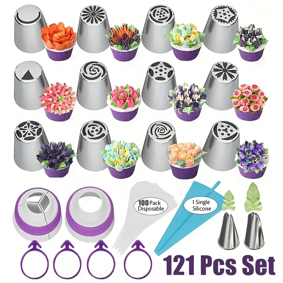 121pcs Heavy-Duty Metal Russian Piping Nozzle Bakeware Set - 12 Flower Tips, 2 Leaf Tips, 2 Couplers, 100 Bags for Fondant, Icing, Cupcakes - Complete Decorating Supplies for Beginners & Pros, Bag And Tip Set Piping Nozzles, Cake Decorating Piping Nozzles