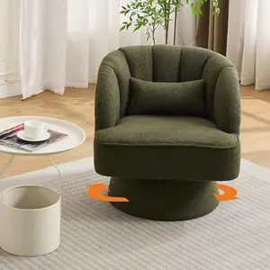 Green Modern Swivel Vanity Chair with Pillow, Mid-Back Teddy Barrel Accent Chair 360° Upholstered Armchair Makeup Vanity Chair with Arm Support for Living Room Bedroom Reading Nook