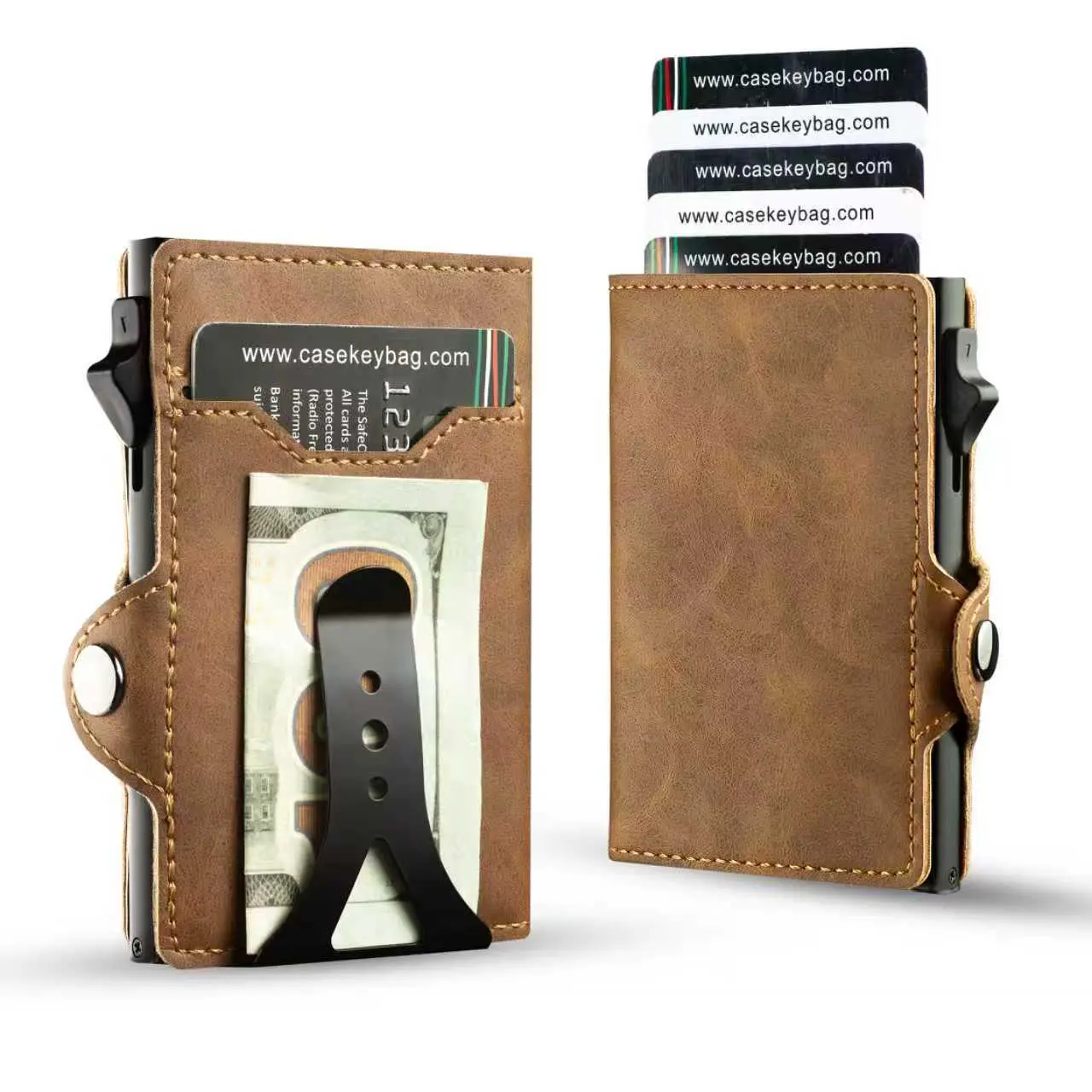 CaseKeyBag Mens Minimalist Wallet 7-10 Cards RFID Blocking Smart Wallet with ID Window Ultra-Slim Vegan Leather Travel Accessory Gift for Men