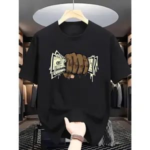 [Summer T-Shirt] Summer Fashion 1pc Men's T-Shirt | Casual Crew Neck,   Knit Fabric with Slight Stretch,  Regular Fit,  Money Fist Print Design,  Short Sleeve Tee for Adults