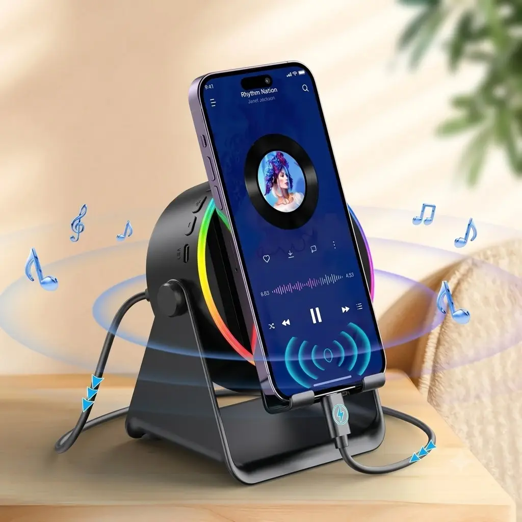 SummerWins 5-in-1 Wireless Induction Audio Speaker Stand, 360° Adjustable Phone & Tablet Holder, 3500mAh Rechargeable Emergency Power Bank with Colorful Ambient Light, Stereo Sound Device for Men & Women