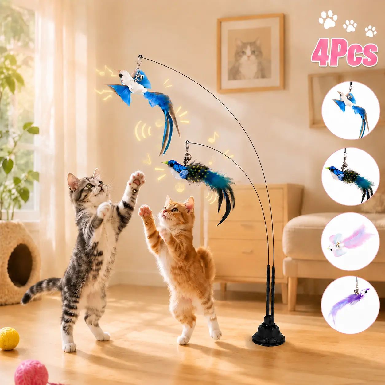 Interactive Cat Toy - 2-in-1 Plastic-Steel Design with Super Strong Suction Base, 2 Teaser Poles, Dual-Mode Hands-Free Wand, 4 Colorful Feather Birds, for Solo Play & Hunting Fun
