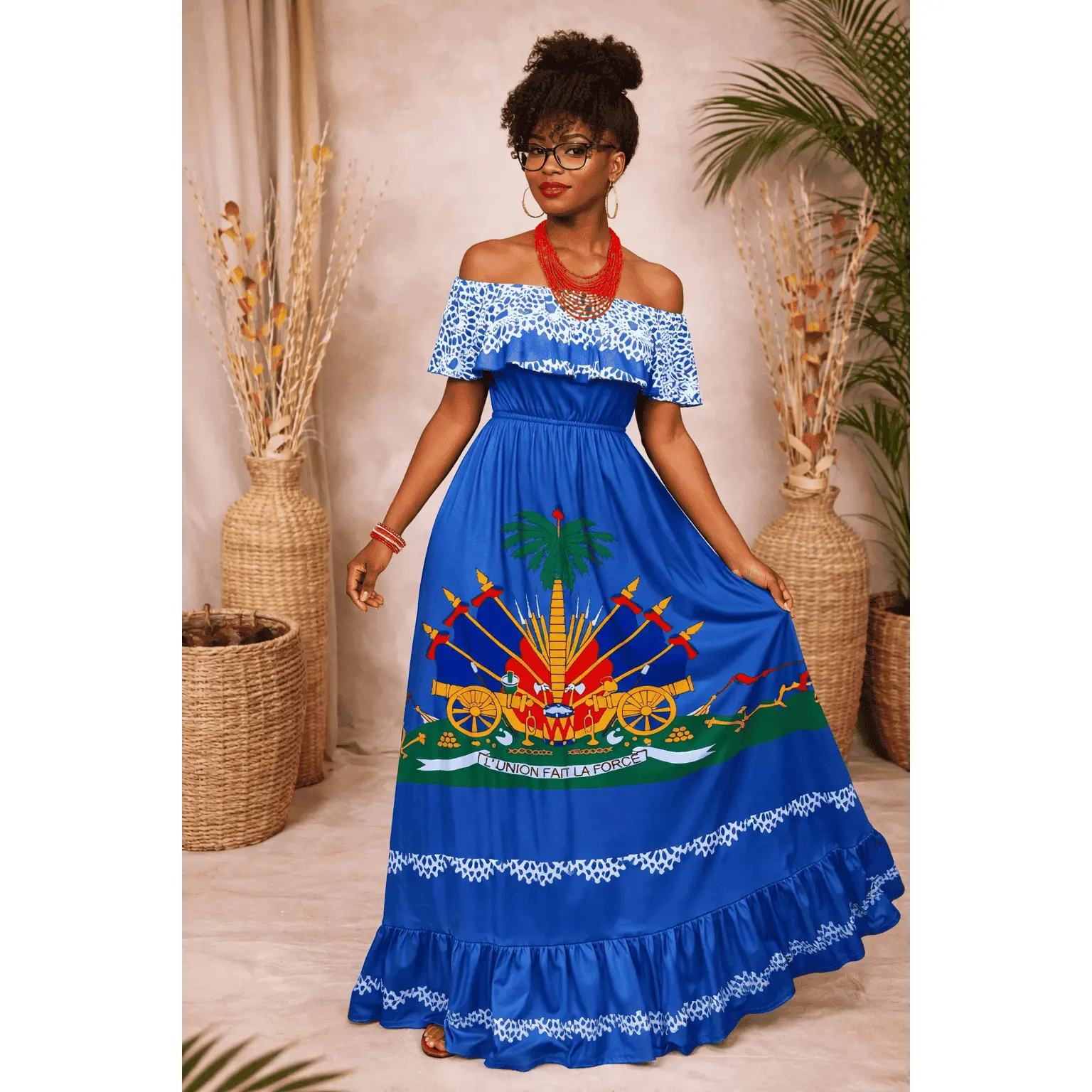 Women’s Haitian Flag Inspired Off-Shoulder Maxi Dress – Cultural Elegant Long Dress