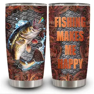 1pc 20oz Vibrant Trout and Floral Pattern Tumbler with Lid, Insulated Travel Mug, Gift for Women Men, Ideal for Halloween, Independence Day, Memorial Birthday Gift, Coffee Cup, weird stuff