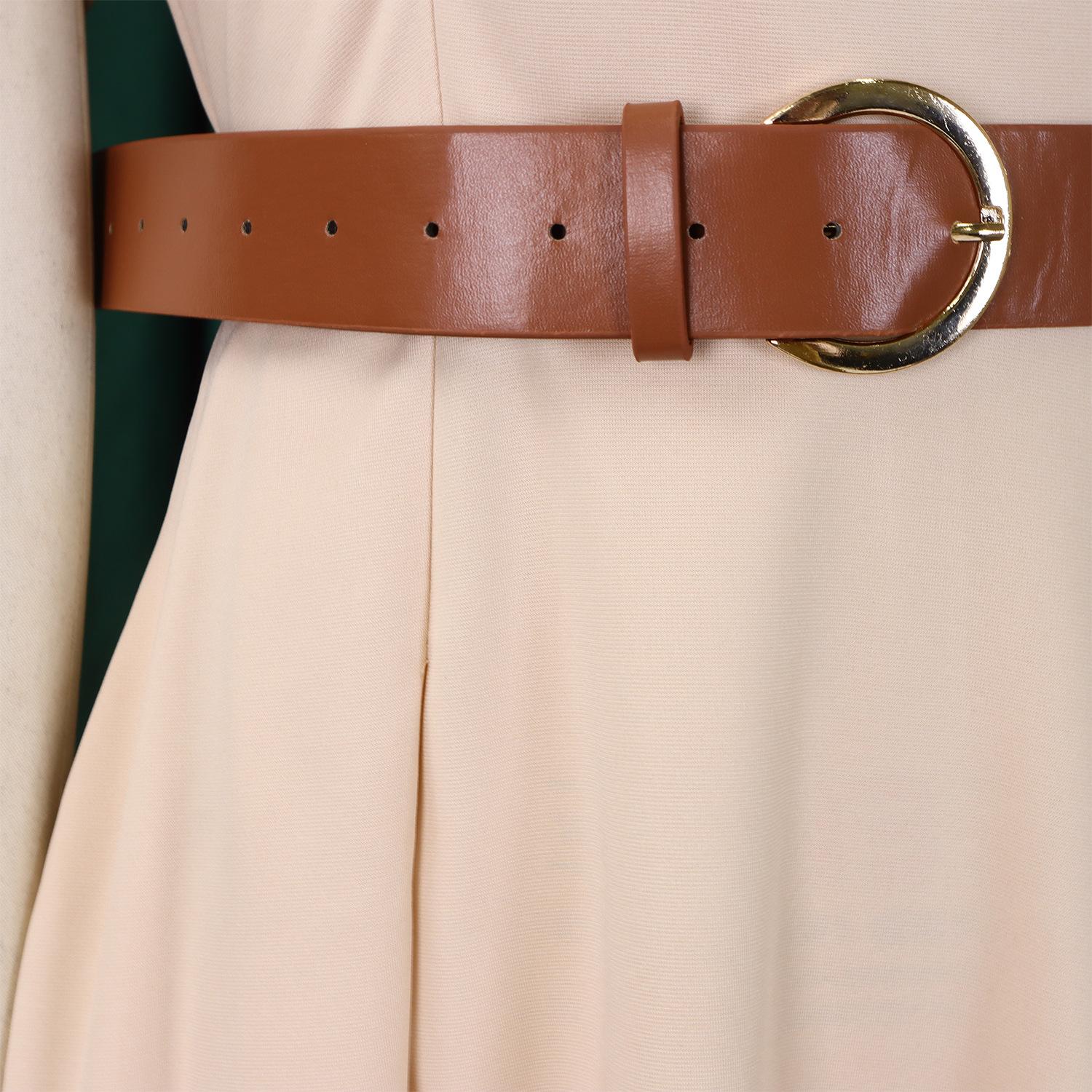 3333 Emerald Green Wrap V-Neck Midi Dress for Women - Short Flare Sleeve, A-Line Silhouette with Brown Belt| Elegant Versatile Dress for Work, Brunch, Date & Formal Occasions