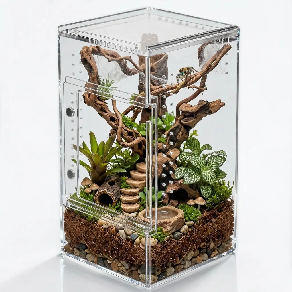Small Reptile Terrarium – Jumping Spider Enclosure with Water-Holding Design – Spider & Tarantula Enclosure, Praying Mantis Habitat, Reptile Enclosure & Accessories