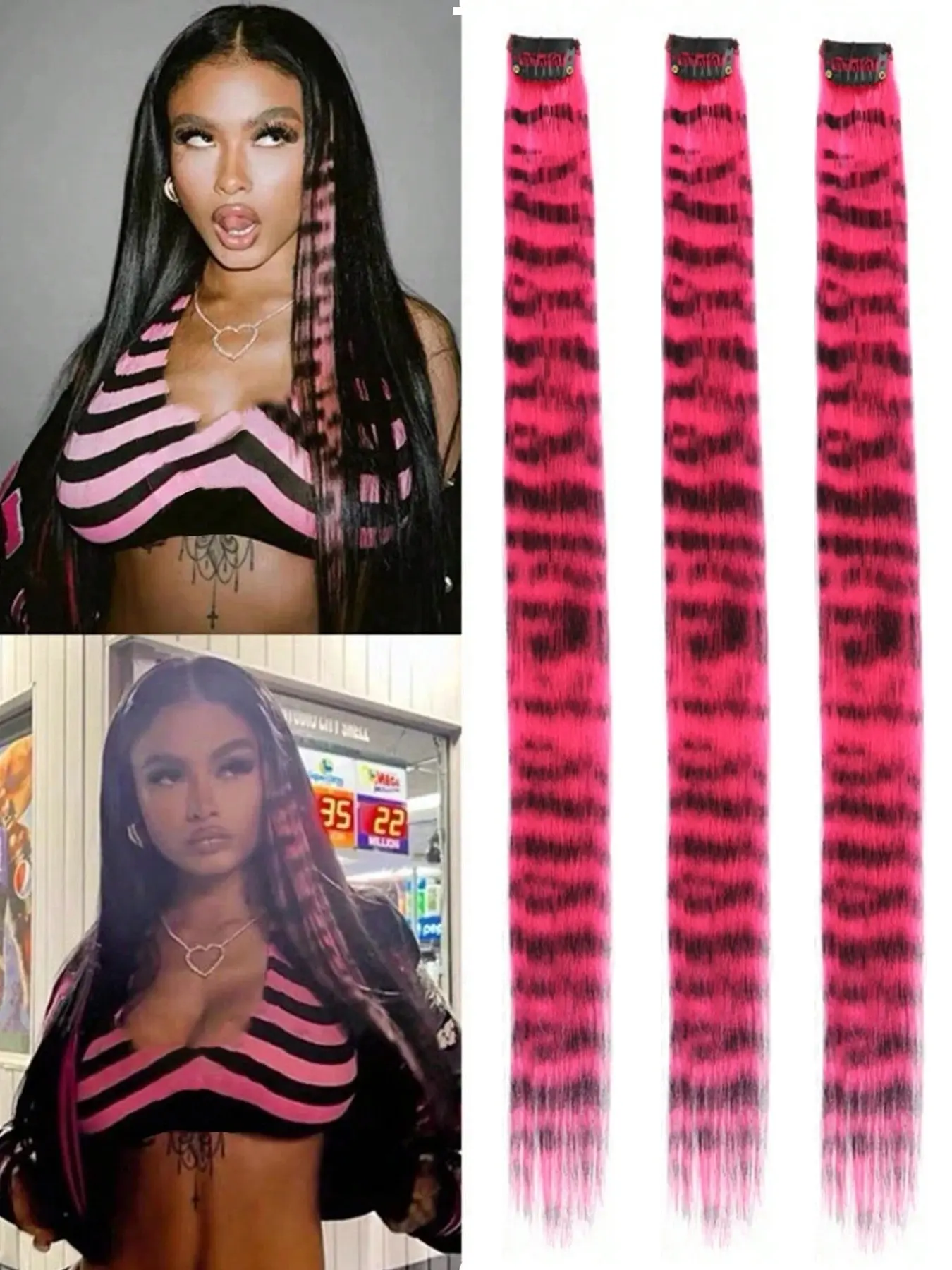 3-Piece Leopard Print & Striped Hair Pieces, Colorful Straight Medium Length Clip-In Synthetic Weave Extensions, Y2K Street Style, Perfect for Parties & Holidays, Synthetic Hairpieces