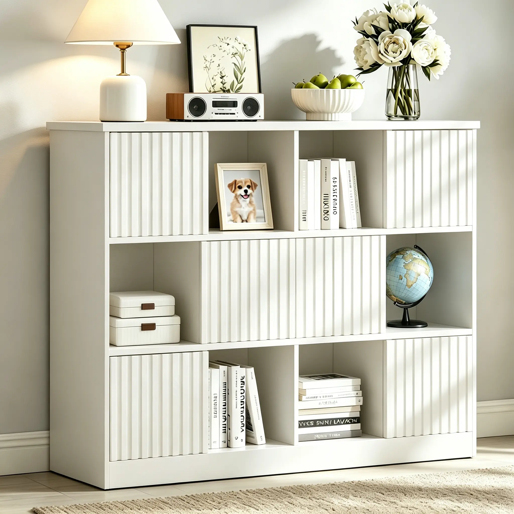 12-Cube Fluted Sliding Door Bookcase, Modern Indoor Furniture with Open & Hidden Storage for Living Room, Office Decor