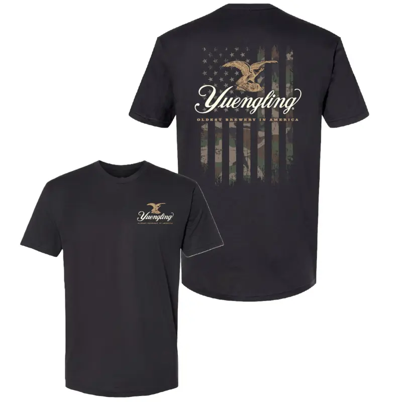 Women's Shortsleeve Fitted Camo Flag T-Shirt - Yuengling Novelty Customized Stylish Top, America’s Oldest Brewery Vintage Beer Logo Casual Streetwear, Full Size Gift For Men, Classic