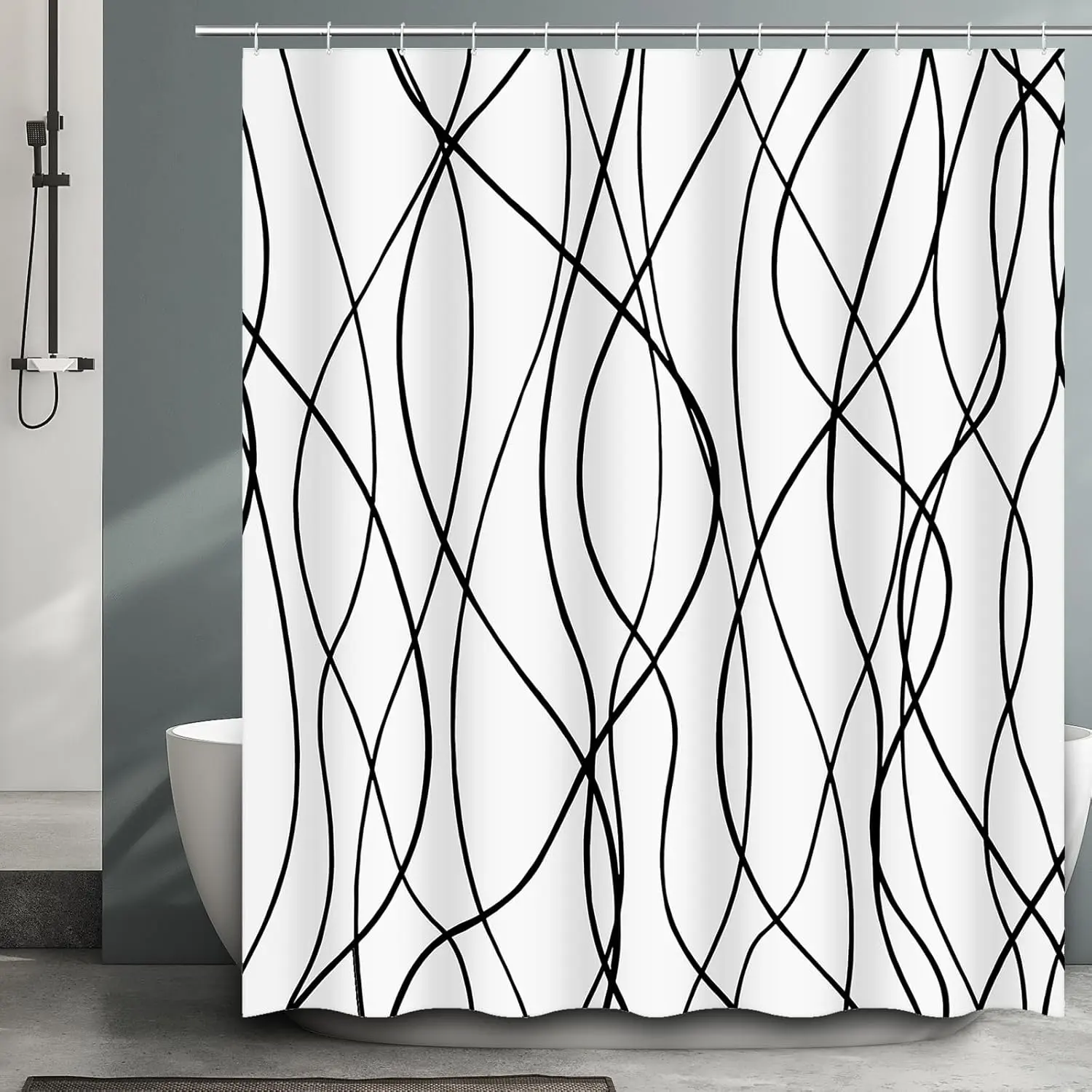 71"x71" Black Striped Wavy Line Waterproof Washable Polyester Shower Curtain Set with Hooks - Modern Minimalist Abstract Bathroom Decor, Halloween, Birthday, Wedding, Baby Shower Gift