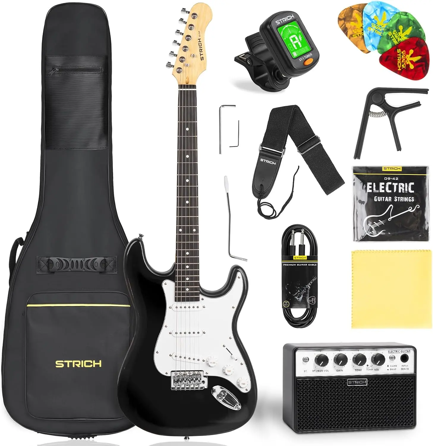 STRICH 39" Solid-Body Electric Guitar Beginner Kit - SSS Pickup, 5W×2 Amplifier, Tuner, Capo, Strap & More Accessories - SST-S10