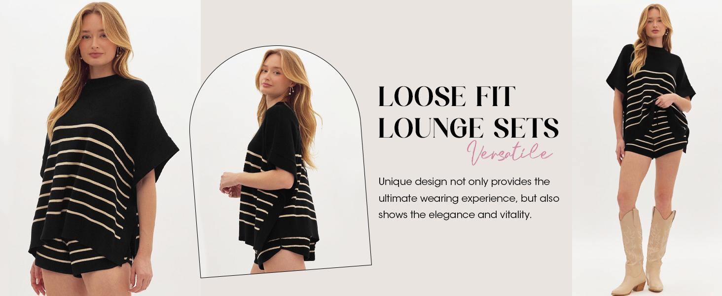 Imily Bela Women's Striped 2 Piece Outfits Oversized Batwing Short Sleeve Tops High Waisted Shorts Summer Knit Lounge Short Sets