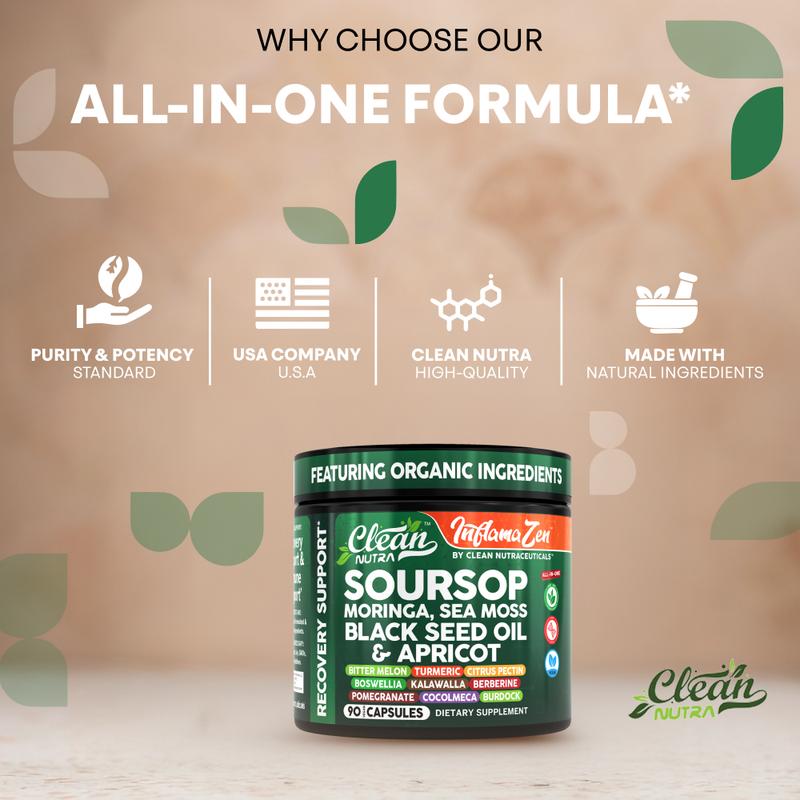 Clean Nutra Soursop, Moringa, Sea Moss, Black Seed Oil & Apricot for Inflammation and Recovery Support - InflamaZen