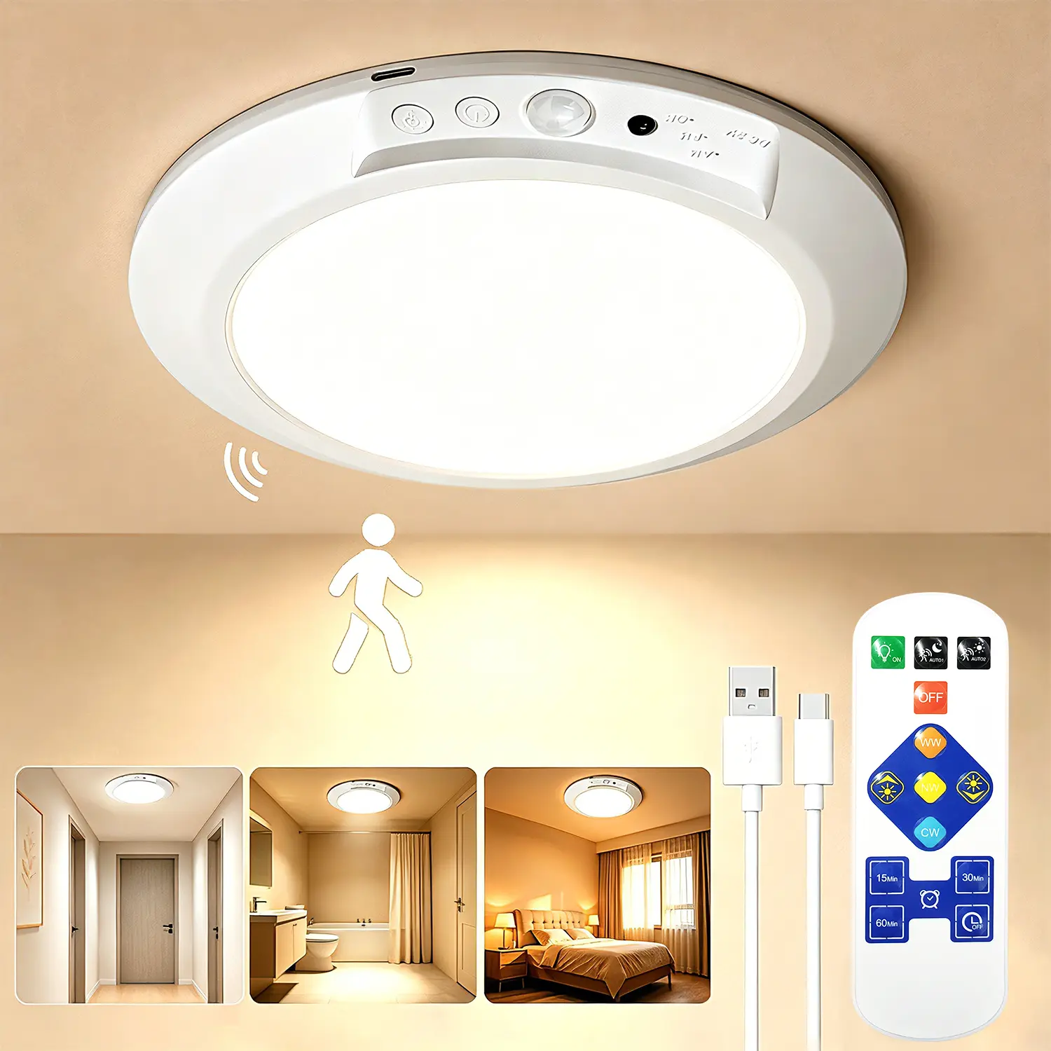 Wireless Motion Sensor Ceiling Light – Rechargeable No Wiring Smart LED Light with Remote Control, Auto Motion Activated, Ultra Bright Dimmable Overhead Lamp for Shower, Closet, Bathroom & Anywhere