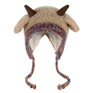 Winter Plush Faux Fur Animal Hat – Cozy Knitted Sheep Ear Beanie with Horns, Thick Warm Lining, Cute Ear Flap Hat for Cold Weather
