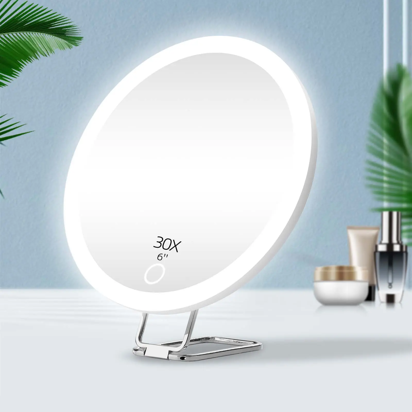 Portable Rechargeable LED Magnifying Mirror with Adjustable Light, Travel Makeup Mirror with Metal Stand & Strong Suction Cups, 6-Inch 5x-30x Magnification Illuminated Mirror, Led Lighted Mirror, Portable Home Use