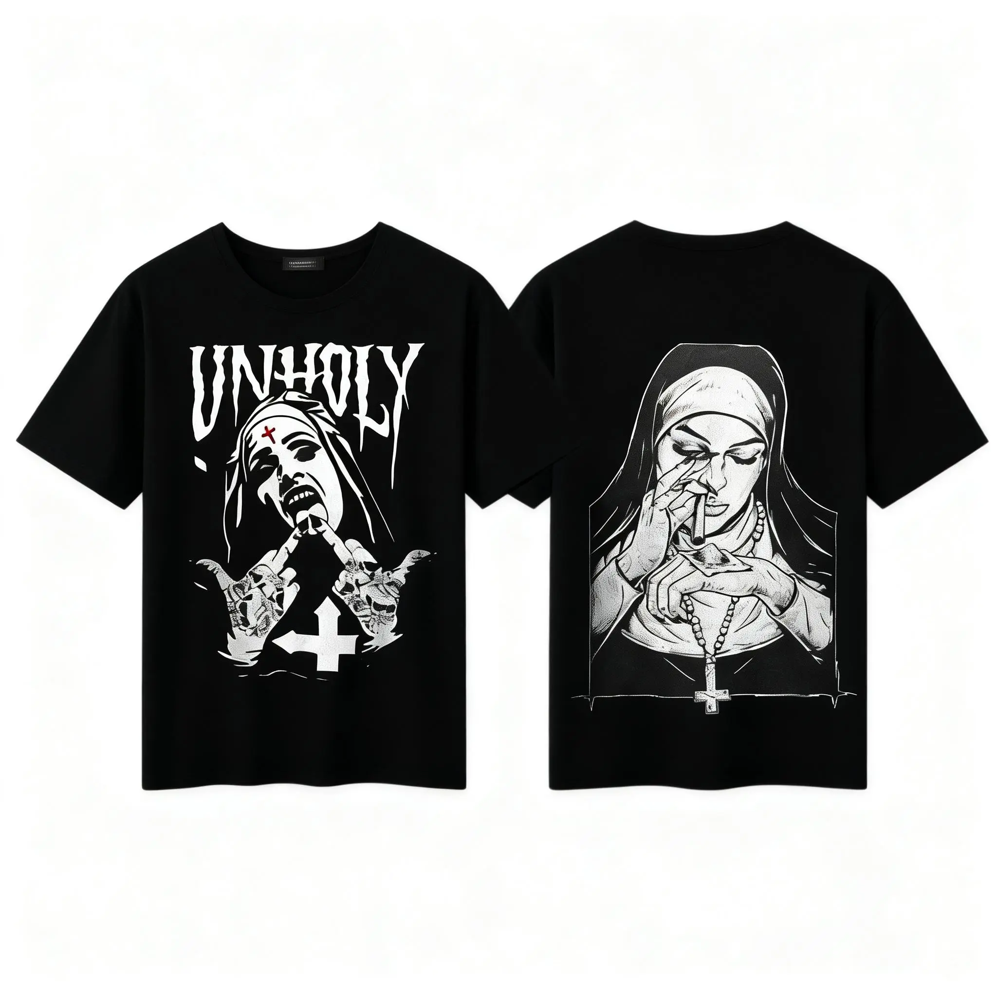 Unholy Nun Graphic T-Shirt, Unisex Edgy Gothic Streetwear Top in 100% Cotton, Casual Short Sleeve with Round Neck, T-Shirt-Black（180G）, Tshirt, Shortsleeve, Bold Goth Graphic, Gothic Street Edge