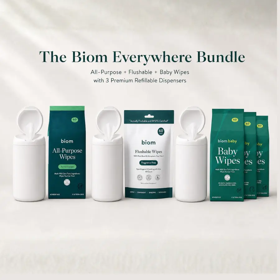 The Biom Everywhere Bundle - All-Purpose (60ct), Flushable (60ct)  & Baby Wipes (180ct) with 3 premium refillable dispensers