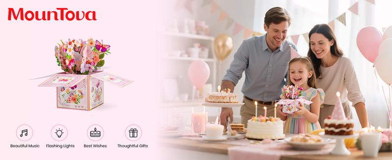 【Valentine's Gift】Musical Flower Card  /3D Pop-Up Butterfly Flower Bouquet Greeting Card for Women - Singing Birthday/anniversaryPop Up Card with Dancing Lights Music 3D Happy Birthday Gifts for Women, Wife, Mom, Grandmother Pastel Color