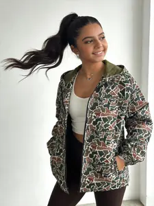 Women's Lightweight Camouflage Hooded Jacket - Casual Loose Fit, Full Front Zip & Side Pockets, Durable Polyester, Stand Collar, Ideal for Spring & Fall, Outdoor Clothing | Sporty Jacket | Polyester Jacket