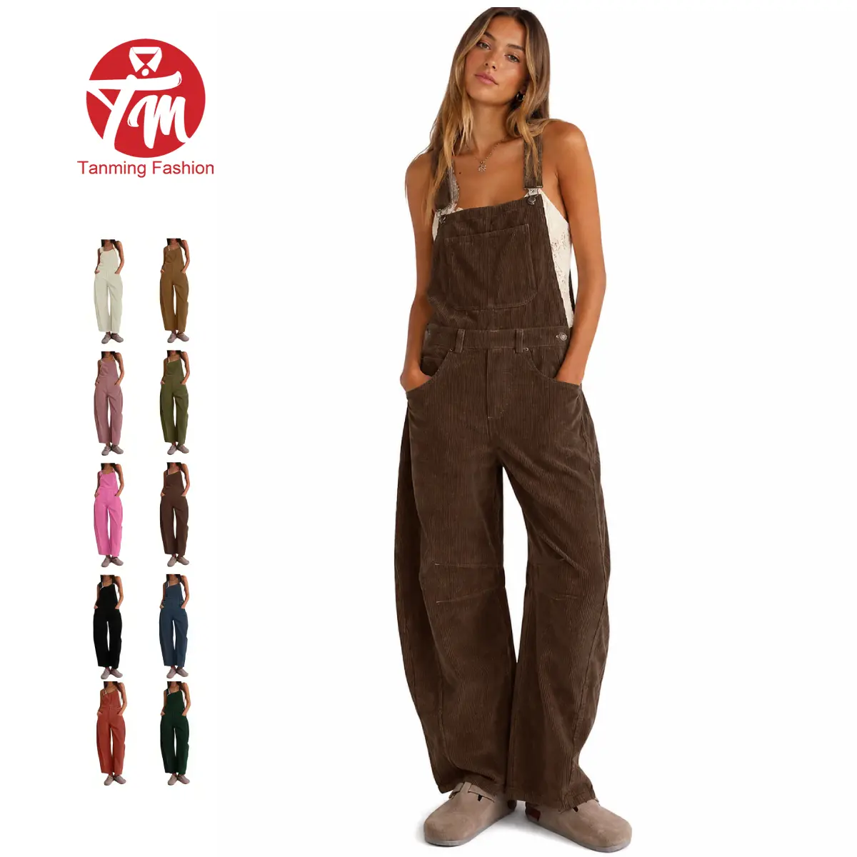 Tanming Women's Casual Corduroy Overalls, Sleeveless Loose Fit Barrel Leg Bib Jumpsuit with Adjustable Straps, Patch Pockets & Side Buttons, Basic, Strappy, Women's Fashion, Corduroy Jumpsuits & Rompers, Barrel Overalls Dress Jumpsuits & Rompers