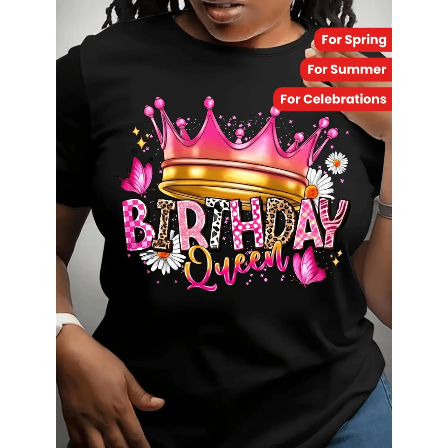 Graphic Pull On Tops for Women, "Birthday Queen" Glittery Crown Print - Casual Crew Neck in a Breathable Polyester Blend, Wrinkle-Free & Durable, Tshirt, Self-Fabric Bound Neckline