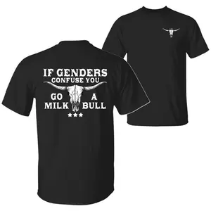 Graphic T-shirt – If Gender Confuses You, Squeeze Out a Bull |   funny satire tee, gender humor t-shirt, two-sided graphic, unisex cotton, streetwear, viral style