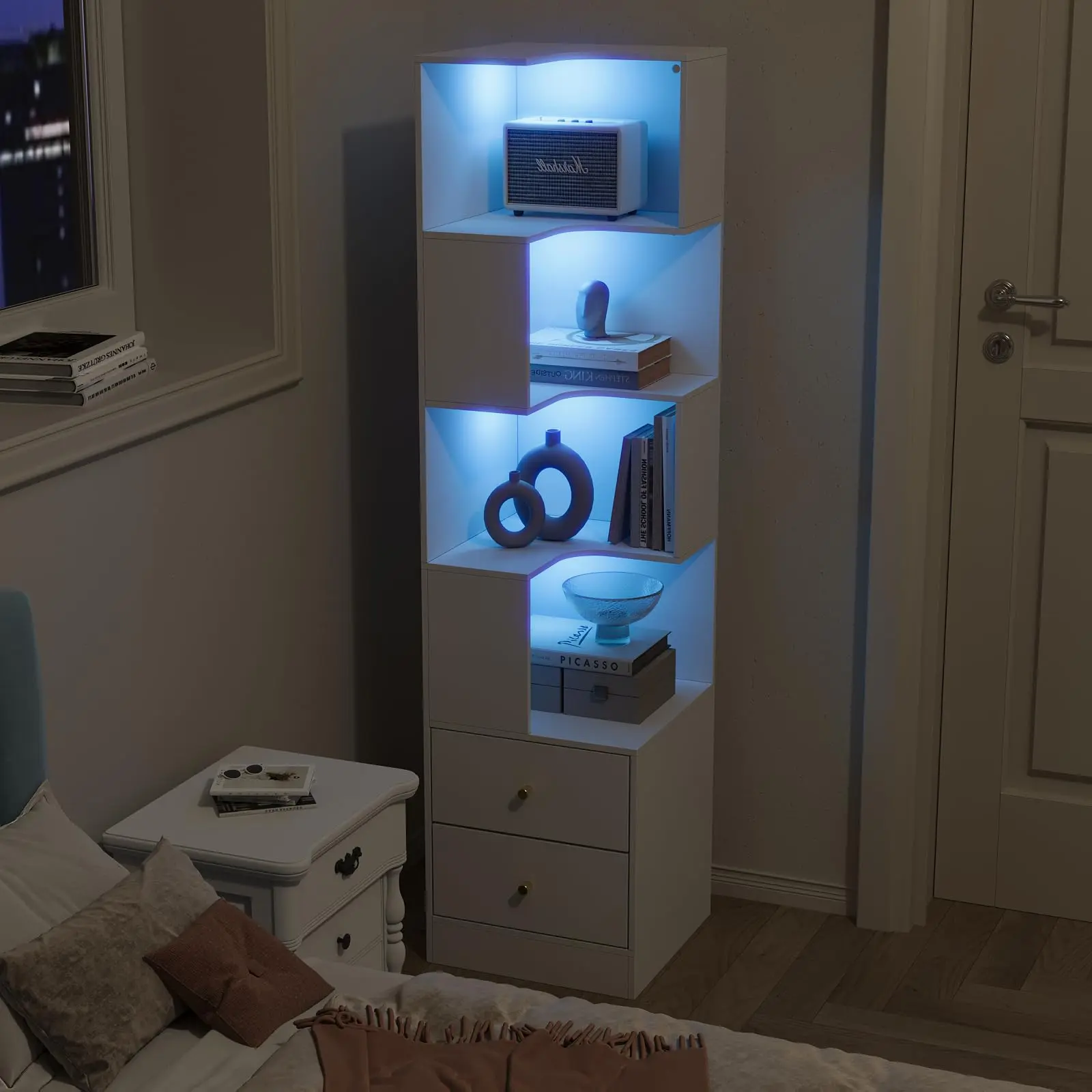 Corner Shelf with Light 5-Tier White Storage Cabinet with Drawers Modern Tall Bookshelf Stand for Living Room IF084