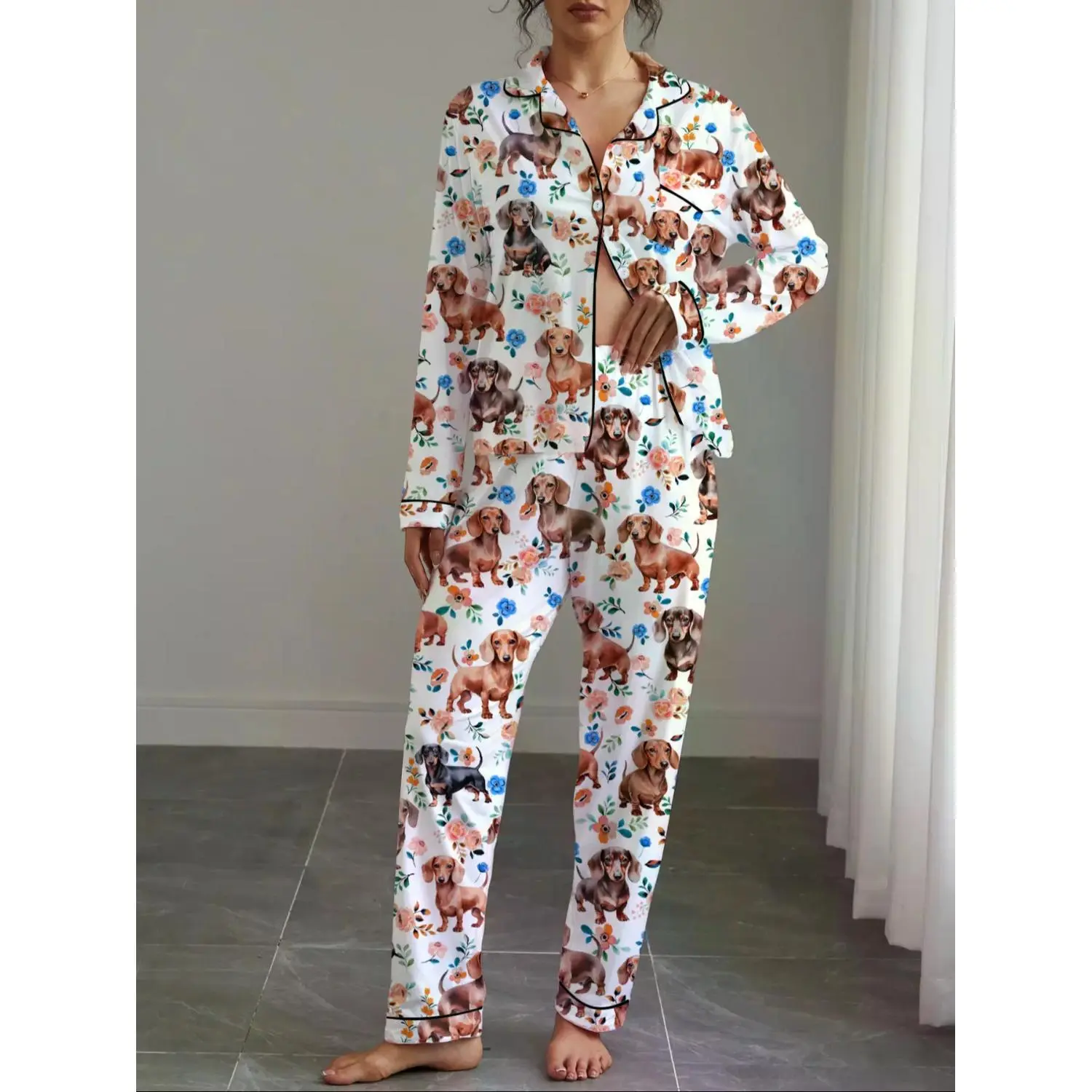 Women's Autumn Winter Pajama Set, Pjs, Loungewear, Cute Sausage Dog Print, Shirt Collar Button Long Sleeve Top & Elastic Pants, Soft Stretchy Fabric