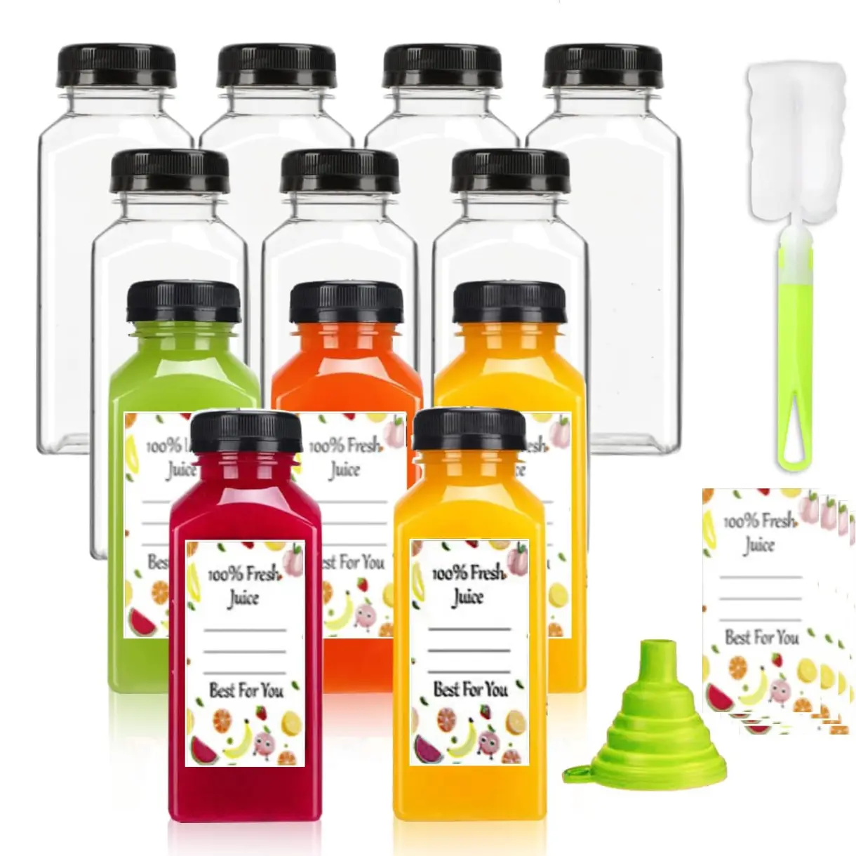 Plastic Juice Bottles with Caps 12 pcs, 12oz Reusable Juice Containers with Tamper Proof Lids Black, Clear Bottles for Juicing, Milk, Smoothie, Drinking, and Other Beverages Christmas Gifts
