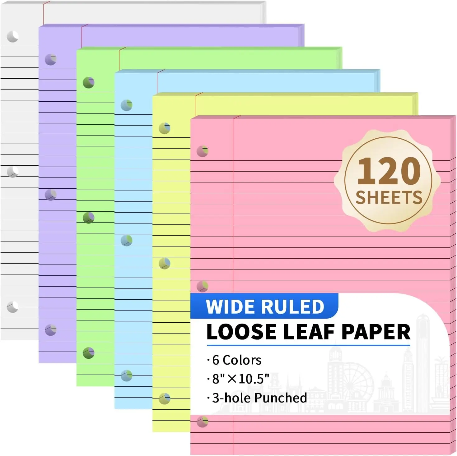 Loose Leaf Binder Paper, 6-Color Wide Ruled Lined Paper, 8” x 10.5”, 3-Hole Punched Notebook Paper Writing Paper for School Office,back to school,back to school haul