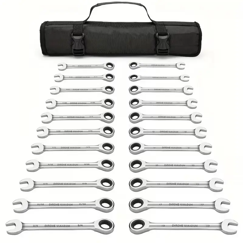 22Pcs Multi-Purpose Ratcheting Combination Socket Wrench Set - 11 Metric +11 SAE (Inches/MM), Chrome Vanadium Polished, Ratchet Gear, Open Box End, Portable Roll Bag for Mechanic Auto Repair Hand Tools