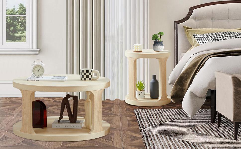 Giratree Coffee Table and End Table Set of 2, Round Coffee Table with 2-Tier Storage, Accent Side Table for Living Room