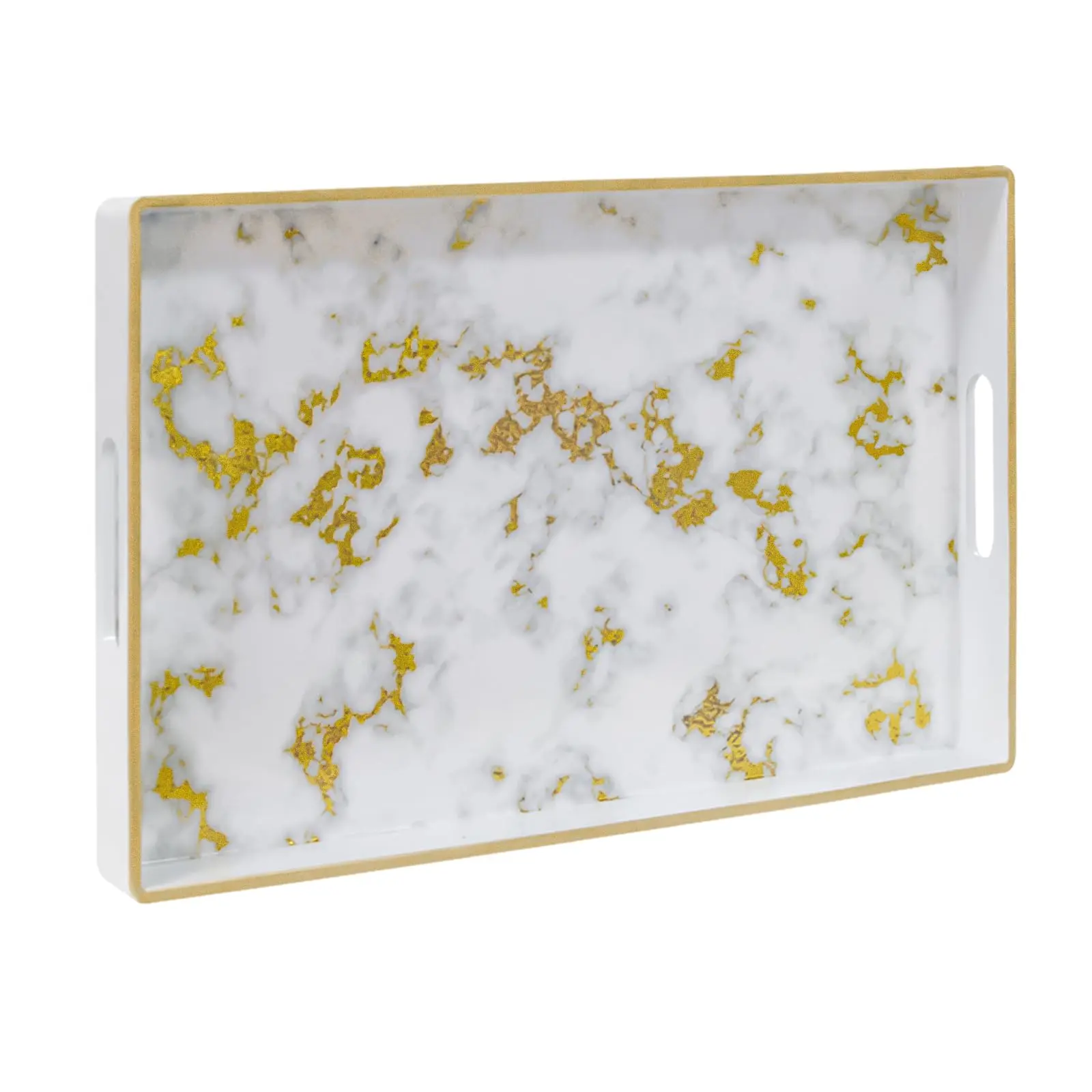White Marble Rectangular Serving Tray with Handles – 15.8" x 10.2" Plastic Decorative Tray for Coffee Table, Ottoman, Bathroom & Home Storage