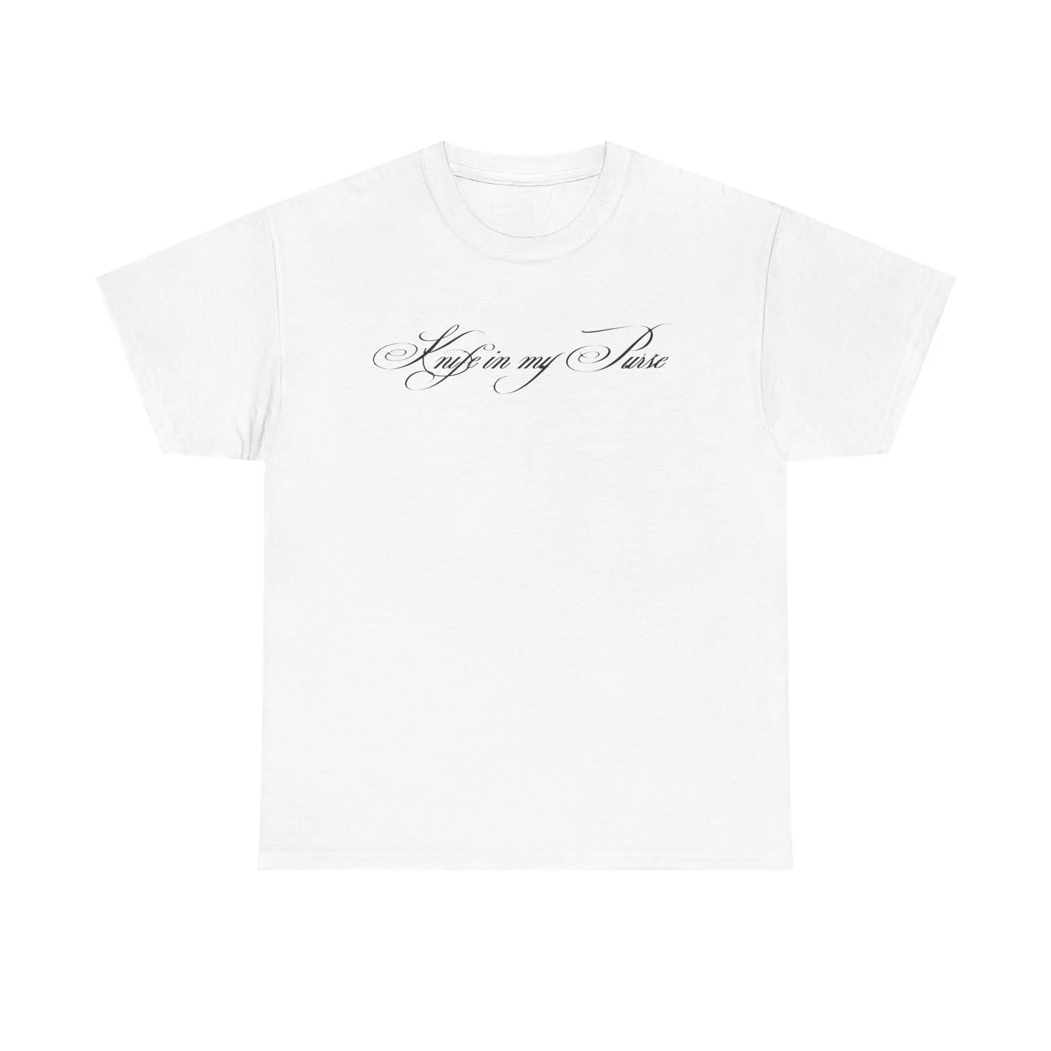 kn*fe in my purse tee | white t-shirt, cursive text