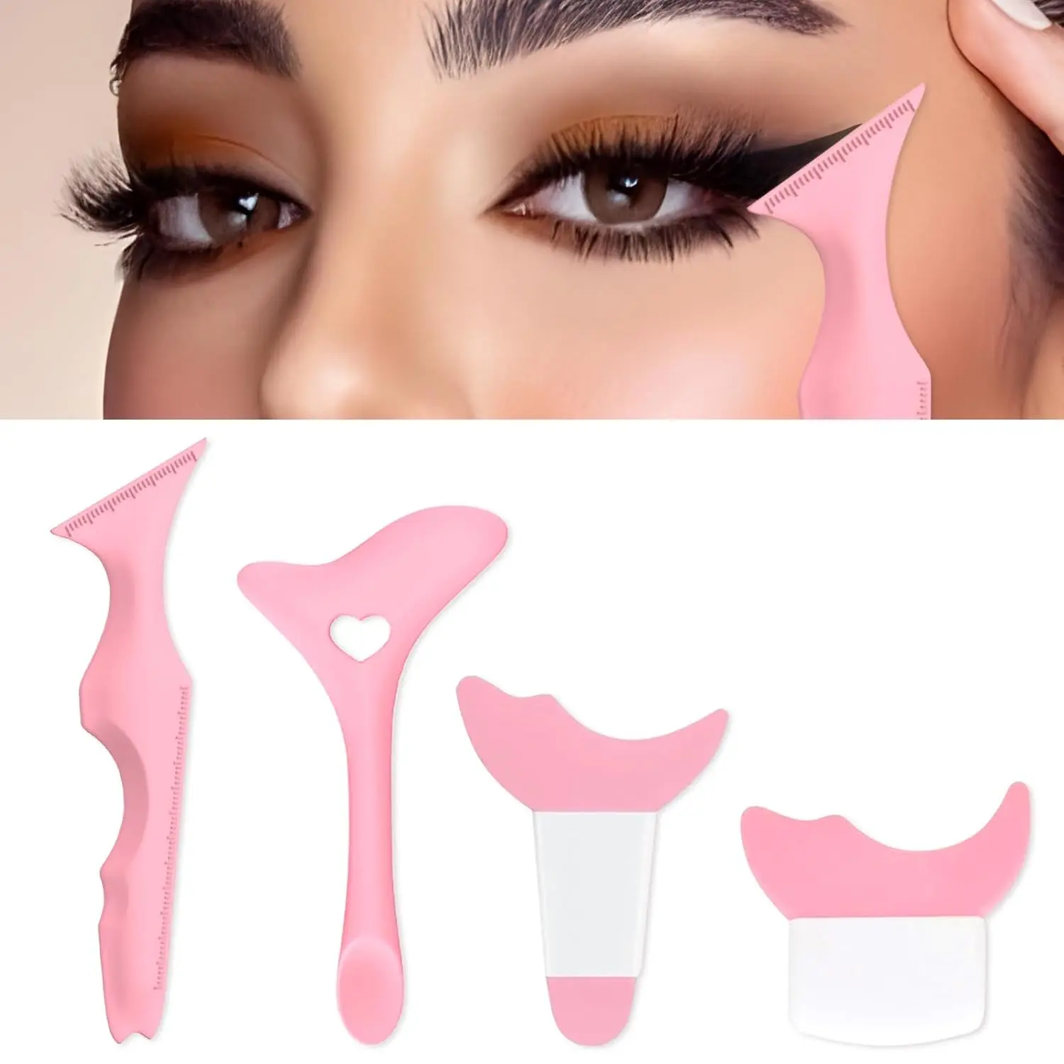 4Pcs Eyeliner Stencils, Silicone Winged Tip, Multifunctional Mascara Shield for Eyeshadow and Eyelashes, Professional &Quick Cat Eye Makeup Tool for Beginners (Pink)