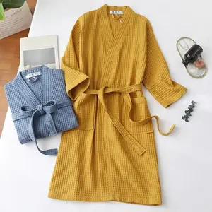 Women Nightgown Long Waffle Bathrobe Luxurious Lace-up Nightgown with Pockets for Men Women Soft Bathrobe Dressing for Beauty