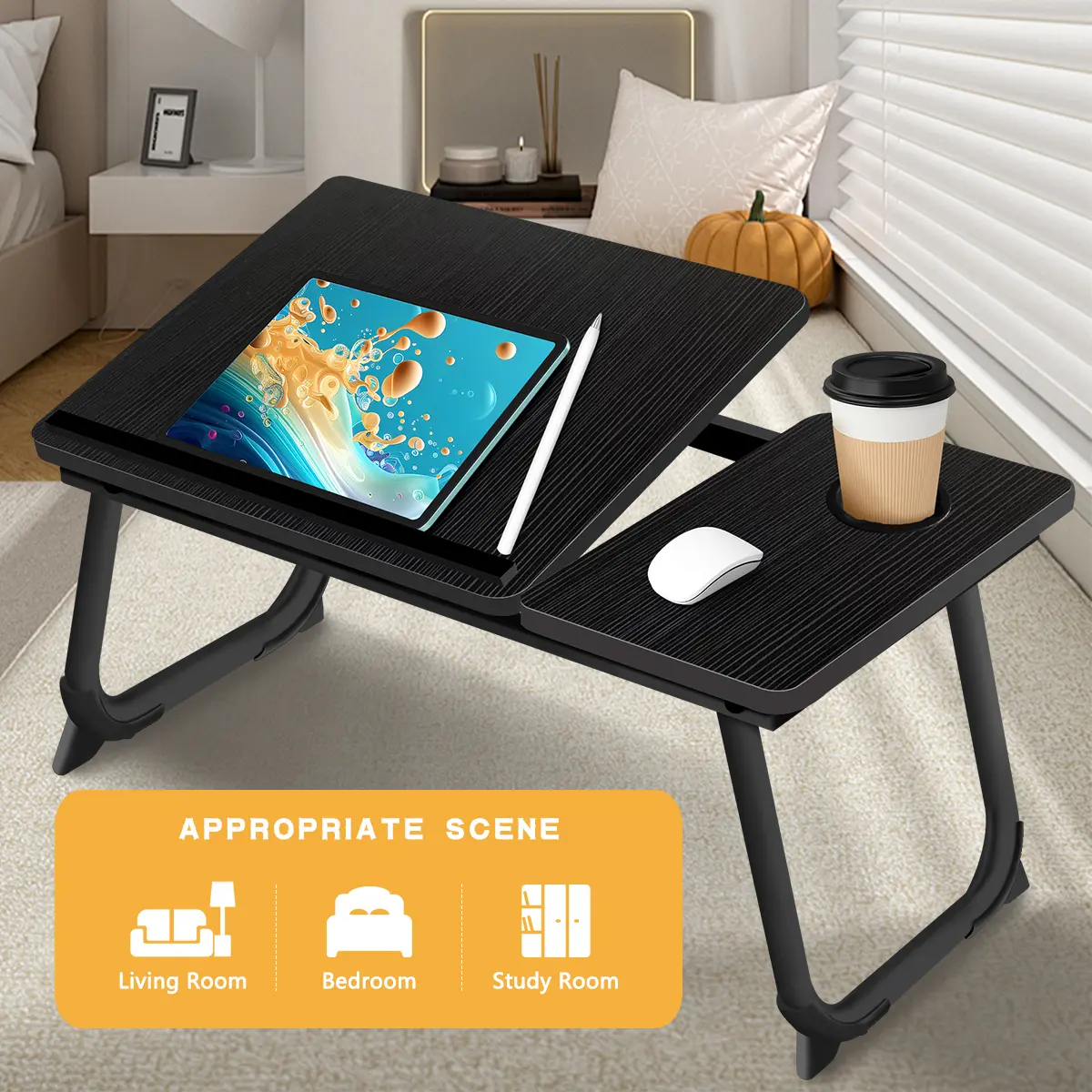 Adjustable Height Laptop Riser for Desk - Carbon Steel Folding Laptop Table (37x32cm, 24cm Height), Ergonomic Bed/Sofa Tray with Cup Holder, Black & White Optional, Height: 24Cm