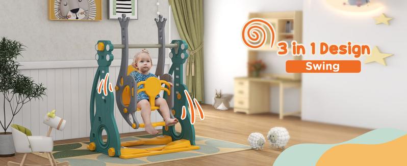 Qaba 3 in 1 Toddler Swing and Slide Set, Kids Slide with Climber, Ultra-Safety, Basketball Hood, Baby Playground Set, Fun Indoor/Outdoor Playset Exercise Toy for Ages 1.5-3